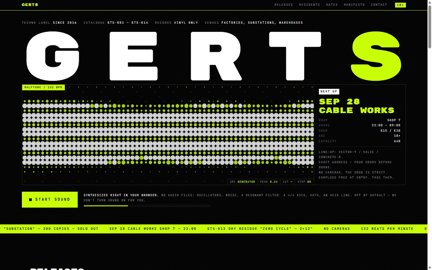 GERTS site: techno label, halftone sound visuals