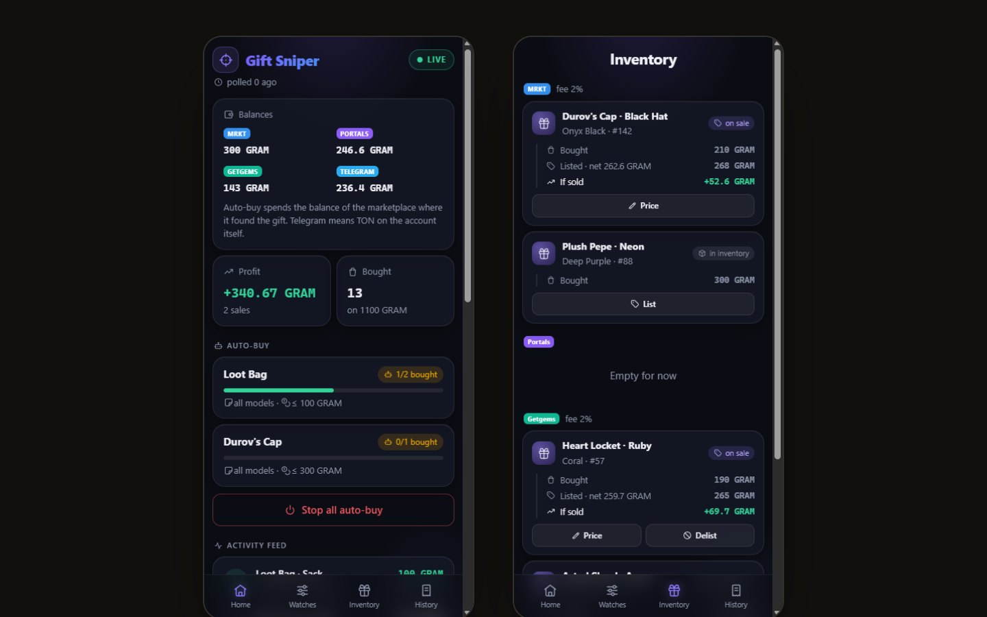 Gift Sniper Mini App: balances across three marketplaces, profit, auto-buy rules, and inventory
